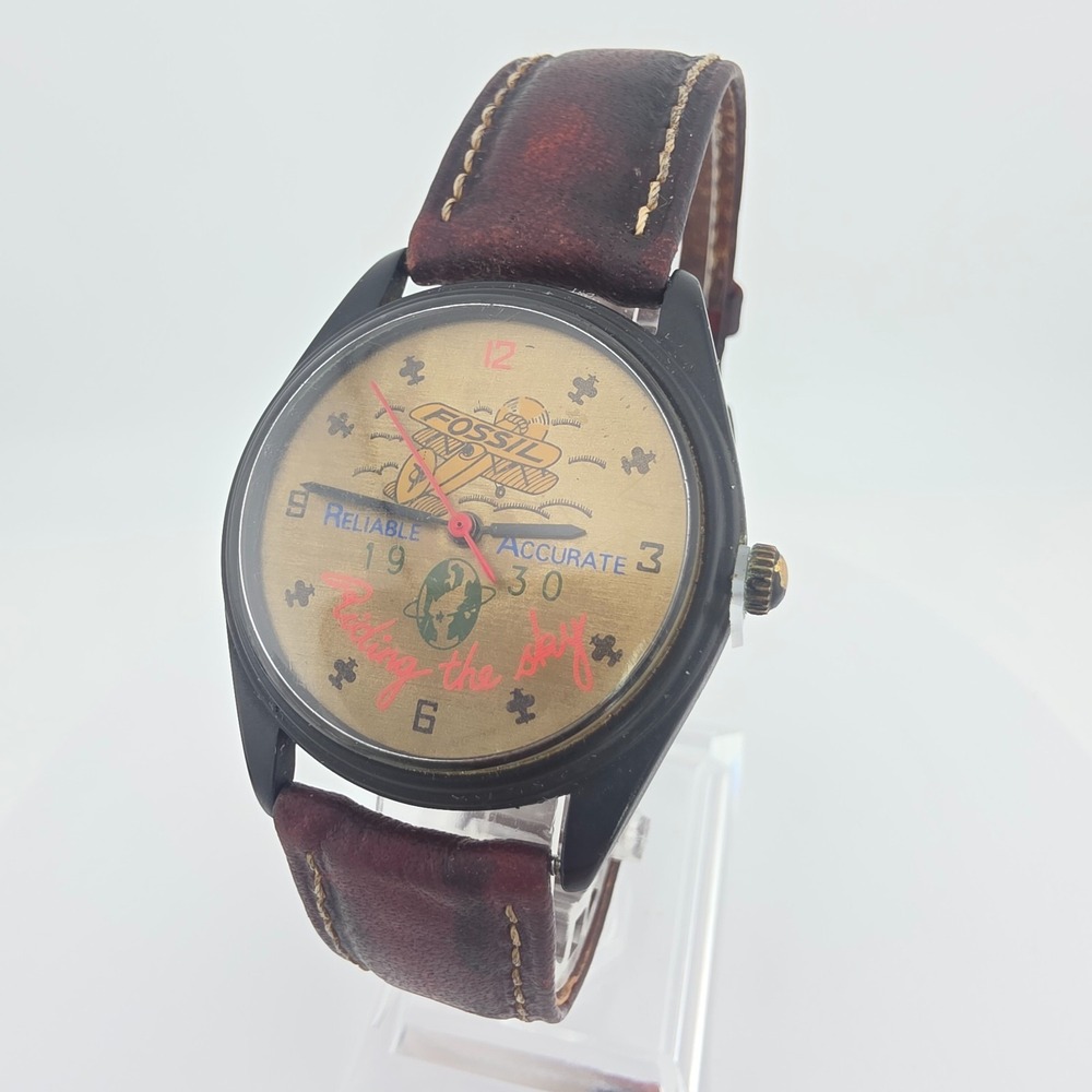 Vtg 1990s FOSSIL Mens Watch 'Riding The Sky' Airplane RM-2539 Brown Leather 7.5"